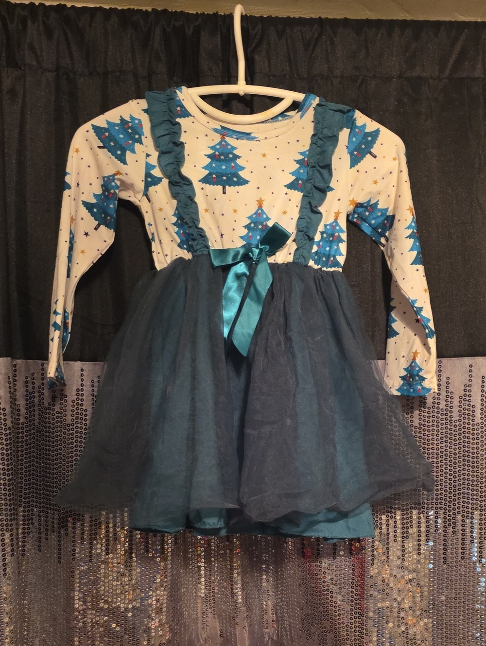 Blue Christmas Tree Tulle Dress for Kids - Teal & White